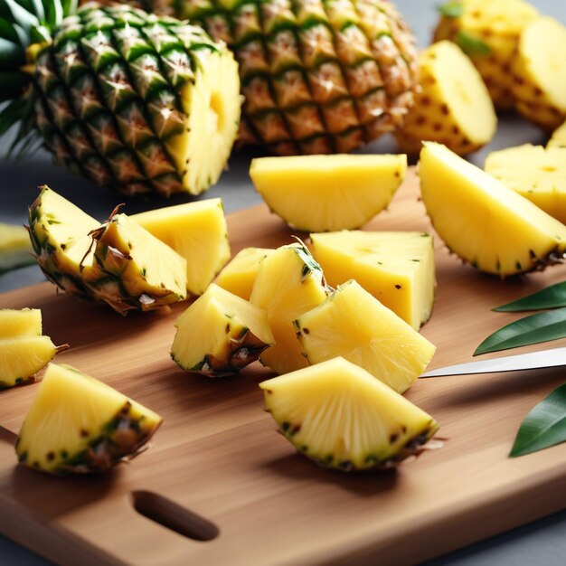 Een ananas geknipt in gelijke en vloeiende stukken op een witte achtergrond