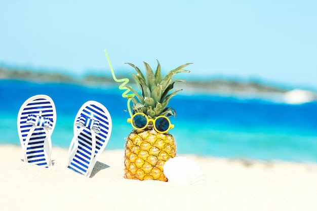 Een ananas in de natuur aan zee met sneakers op de achtergrond van de kust