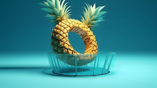 Een ananas in de vorm van een ring staat op een blauwe achtergrond.