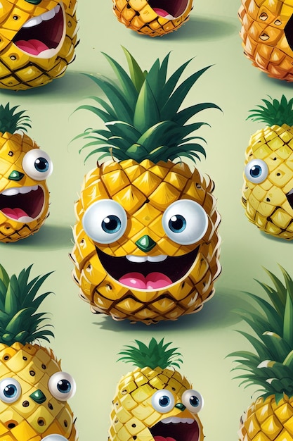een ananas met een grote glimlach en grote ogen