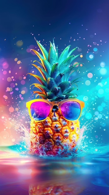 Een ananas met een zonnebril die op een zonnige dag in het water drijft