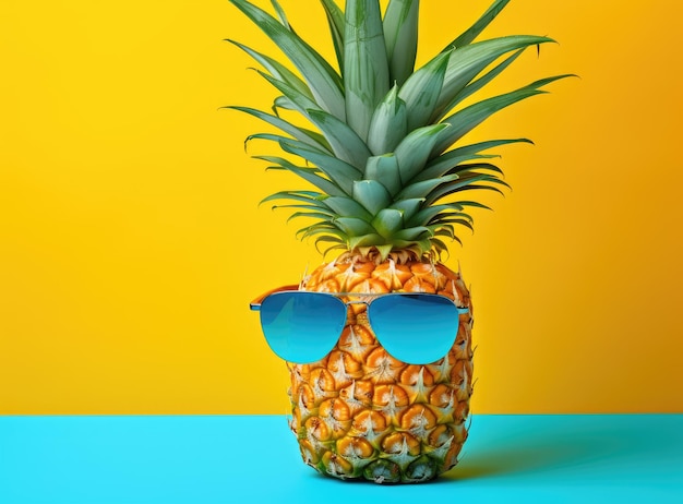 Een ananas met een zonnebril erop en een blauwe achtergrond