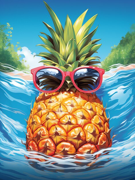 Foto een ananas met een zonnebril met big pineapple op de achtergrond