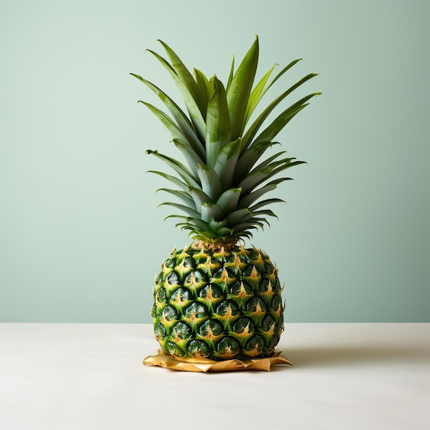 Een ananas met zijn stekelige groene kroon, uitgestald tegen een witte tafel