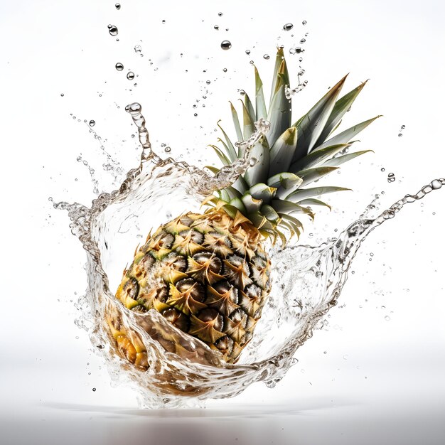 Een ananas spettert in helder water.