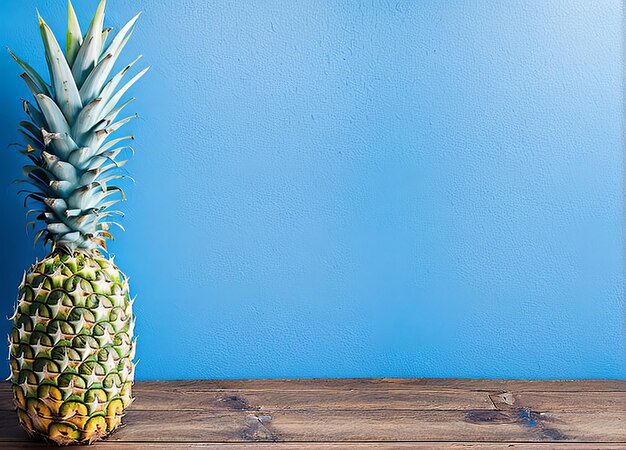 Een ananas staat op een houten tafel tegen een blauwe achtergrond.