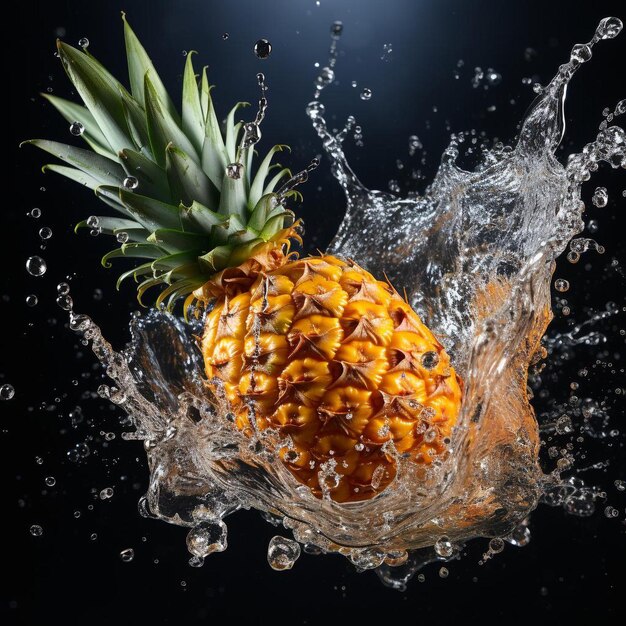 Foto een ananas viel in het water met spatten op zwarte achtergrond