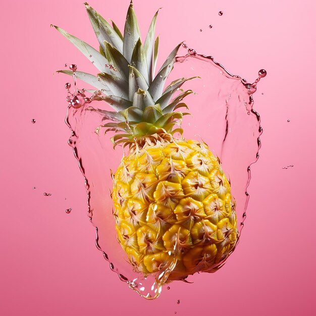 een ananas wordt met water gespat op een roze achtergrond