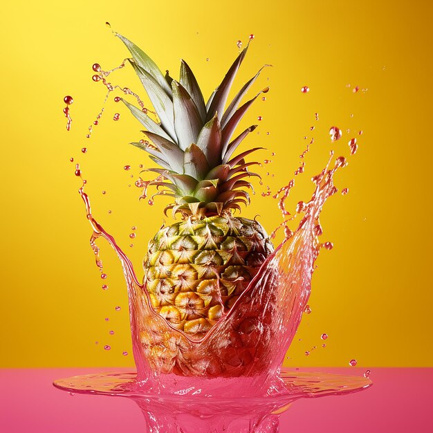 een ananas wordt met water gespat op een roze achtergrond