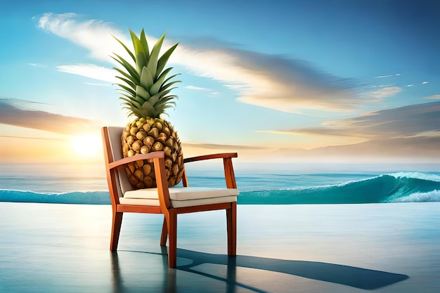 Een ananas zit op een stoel voor uitzicht op de oceaan.