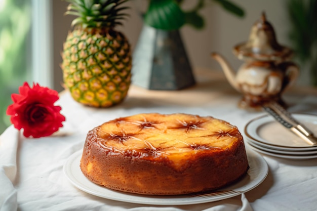 Een ananascake op een bord