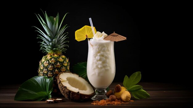 Een ananascocktail met een rietje en een ananas erbij