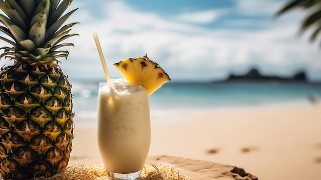 Een ananascocktail op een strand met een rietje