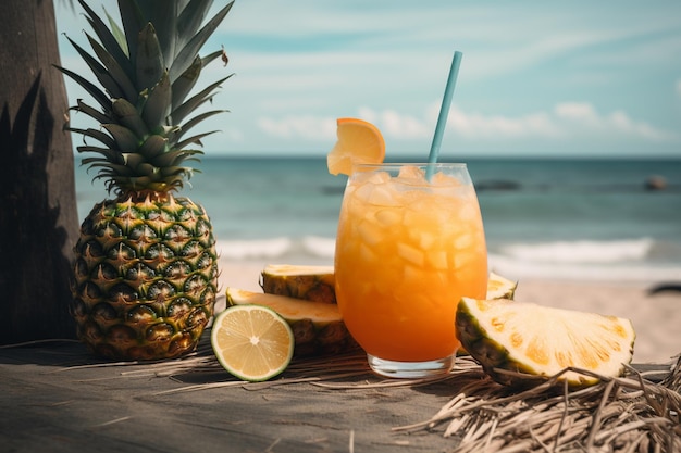 Een ananascocktail op het strand met een rietje