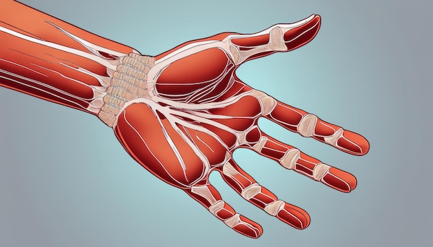 Een anatomische illustratie van een menselijke hand met zichtbare spieren en pezen