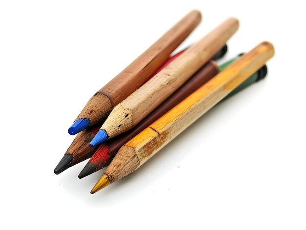 Een andere kleuren potloden en pennen liggen één voor één geïsoleerd op een witte achtergrond Hoge kwaliteit