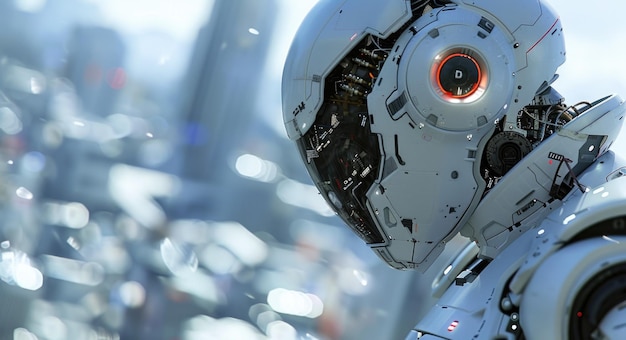 een android in een stad die over kijkt in de stijl van bedachtzame poses futuristische 8k resolutie robot