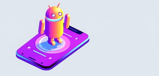 een Android-robot zit bovenop het scherm van een mobiele telefoon