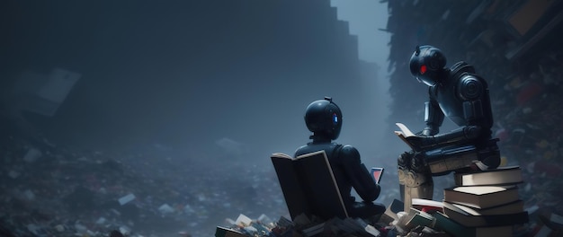 Een androïde robot leest een boek zittend op een bankje tegen de achtergrond van een vuilnisbelt