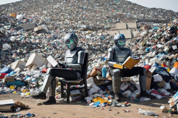 Een androïde robot leest een boek zittend op een bankje tegen de achtergrond van een vuilnisbelt