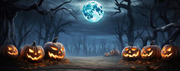 Een angstaanjagend eng bos met een pompoen vleermuis maan op een eng Halloween nacht Generatieve ai