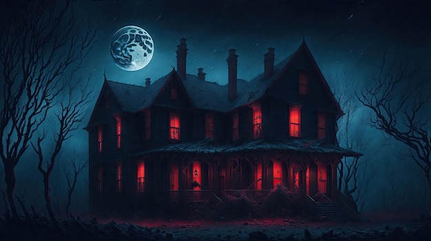 Een angstaanjagend huis in het donker van de nacht, onder een rood licht, veroorzaakte een volle maan aan de nachtelijke hemel.