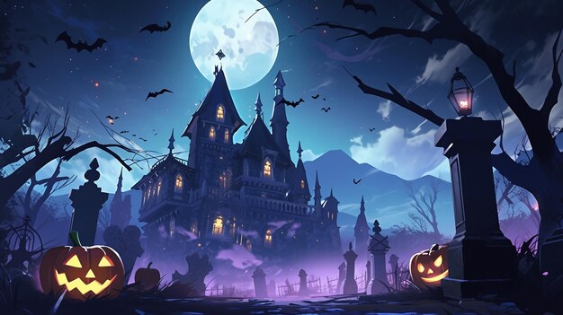 Een angstaanjagend kasteel met een pompoen aan de voorkant en een volle maan erachter.