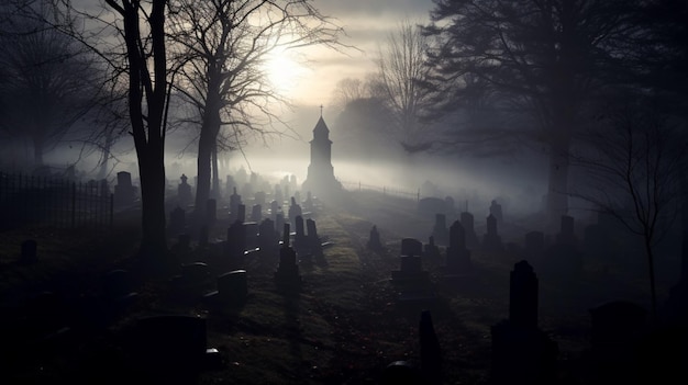 Een angstaanjagend kerkhof met mist in.