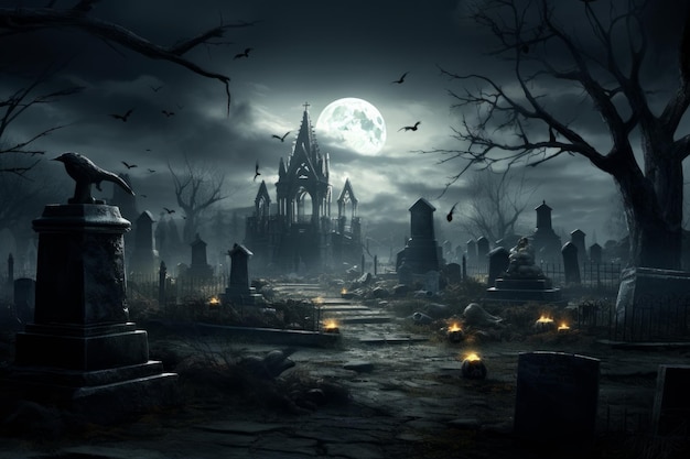 Een angstaanjagend kerkhof onder een volle maan.