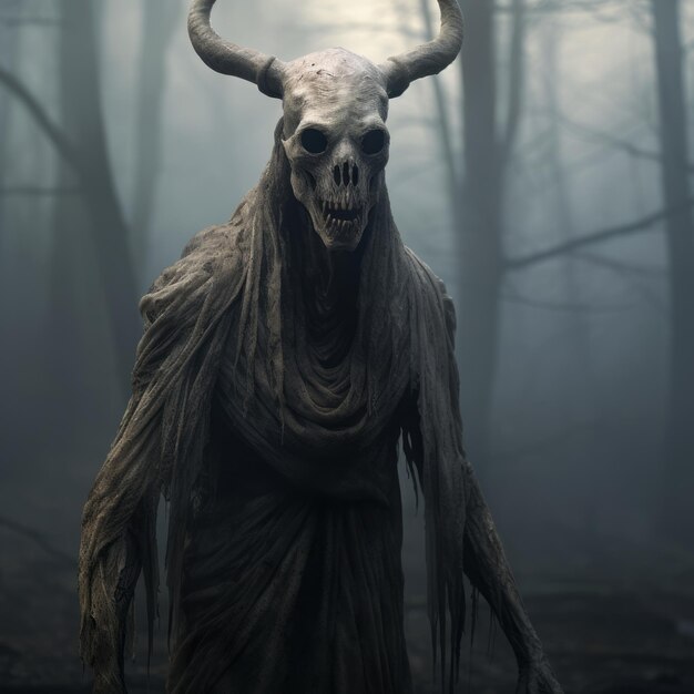 Een angstaanjagend realistisch monster met enorme horens in het donkere bos.
