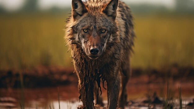 Foto een angstaanjagend realistisch portret van een modderbedekte wolf in de wildernis