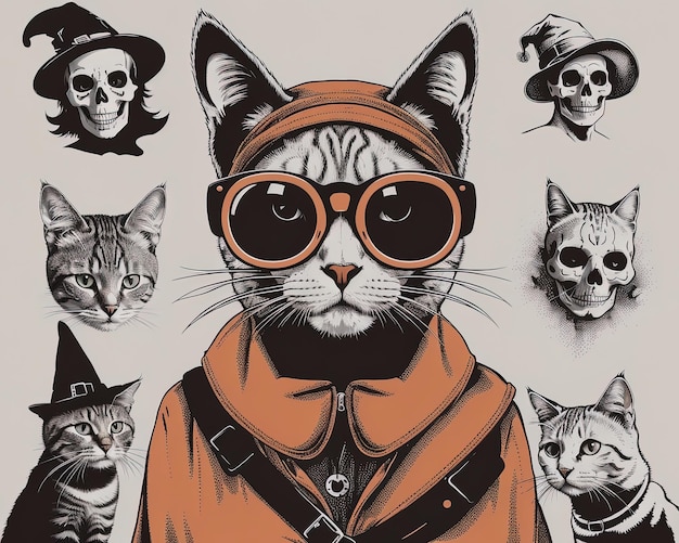 Een angstaanjagende kat vector kunst met pompoen halloween kostuum