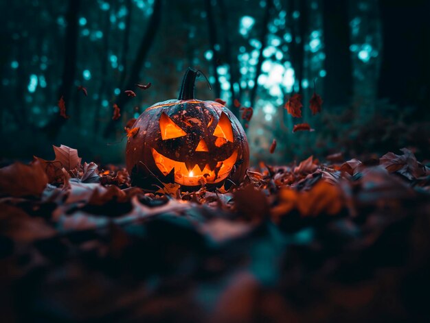 Een angstaanjagende pompoen met brandende ogen in een donker bos halloween een vakantie gegenereerd door ai