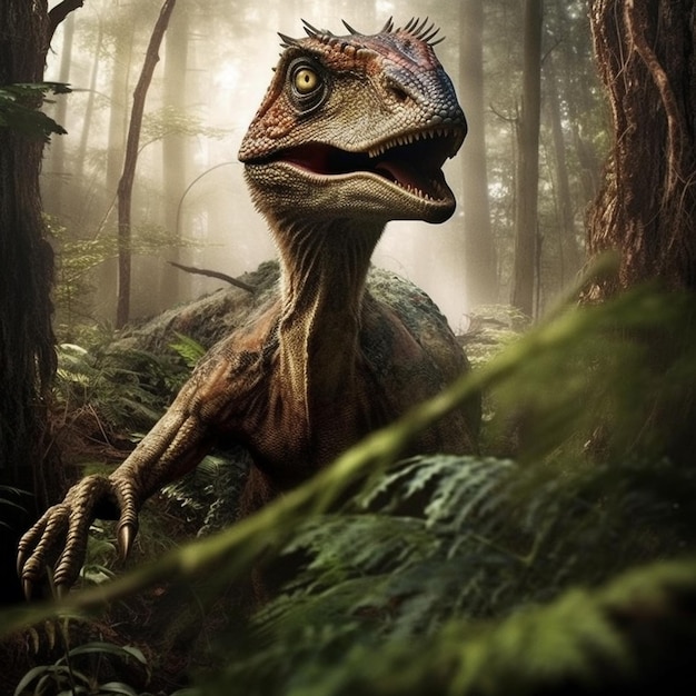 Een angstaanjagende ultrarealistische velociraptor in een bos gegenereerd door ai