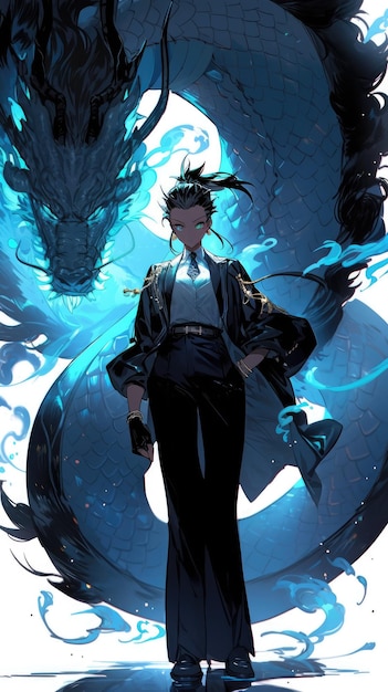 een anime en draak in blauw