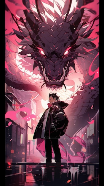 een anime en draak in roze