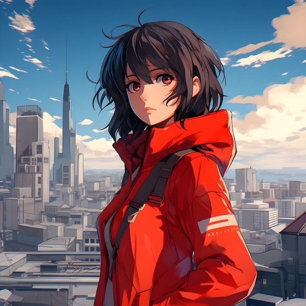 Foto een anime meisje in een rood jasje staat voor een stadsbeeld