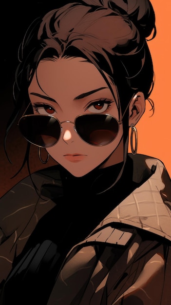 een anime-meisje in het bruin met een zonnebril
