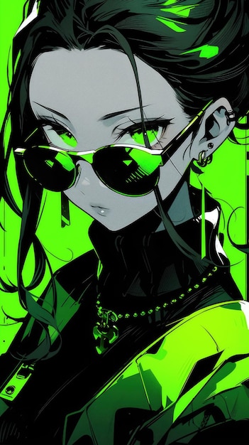 een anime-meisje in het groen met een zonnebril