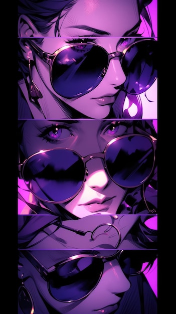 een anime-meisje in paars met zonnebril