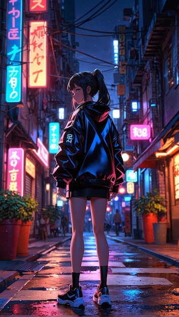 Een anime meisje loopt op een straat naar de stad neon verlicht