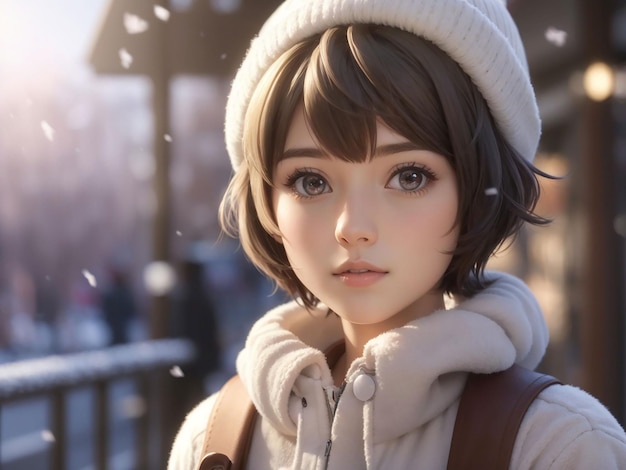 Een anime meisje met kort haar die winterkleding draagt cartoon