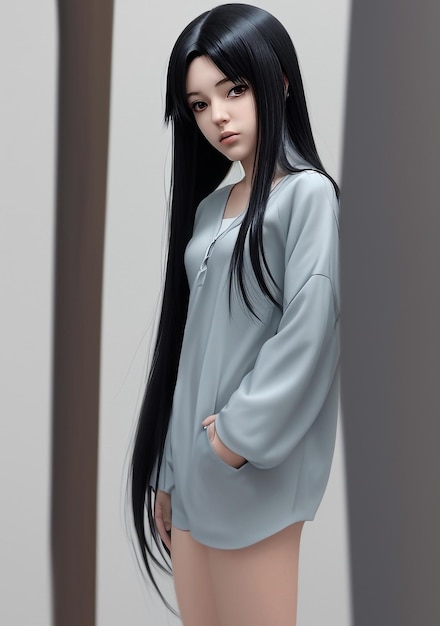 Een anime-meisje met lang golvend haar en een vastberaden blik