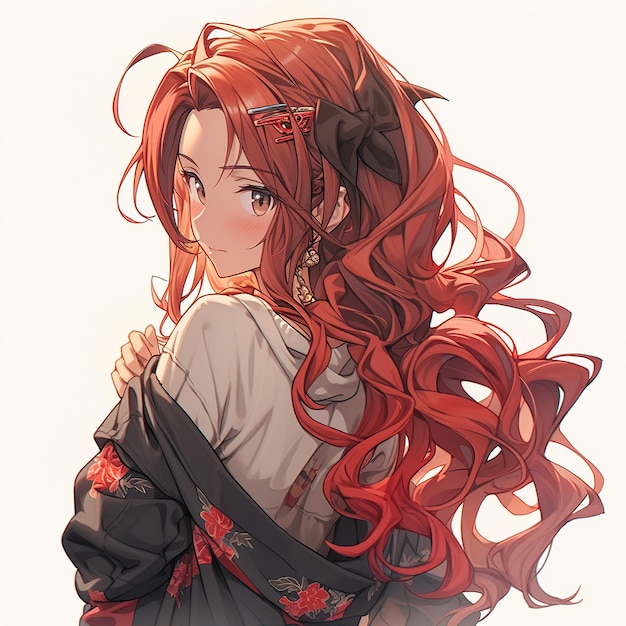 Een anime meisje met lang vloeiend rood haar en een vastberaden look gecreëerd met Generative AI