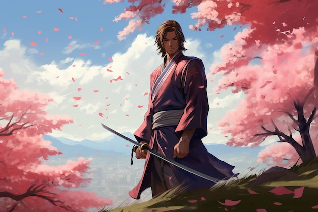 Een Anime People Young Samurai Klaar met Katana op Cherry Blossom Hill