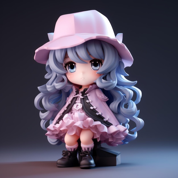 een anime-personage met een roze hoed en een paarse jurk