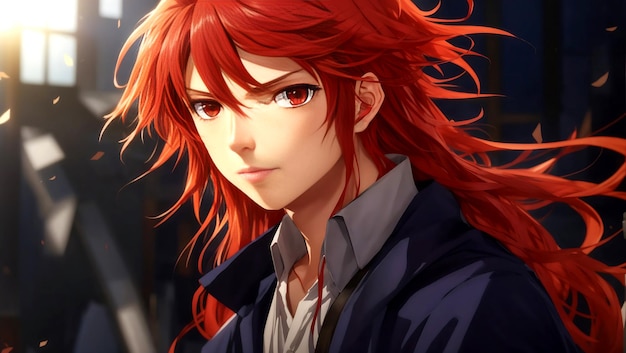 Een animejongen met lang golvend rood haar en een vastberaden blik Ai Generated
