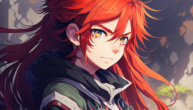 Een animejongen met lang rood haar