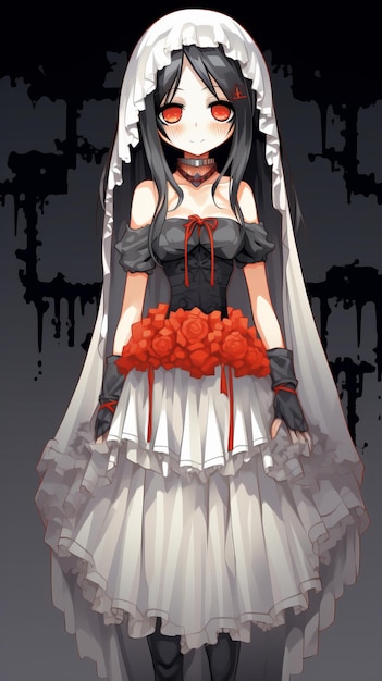 een animemeisje in een trouwjurk met rode rozen op haar hoofd