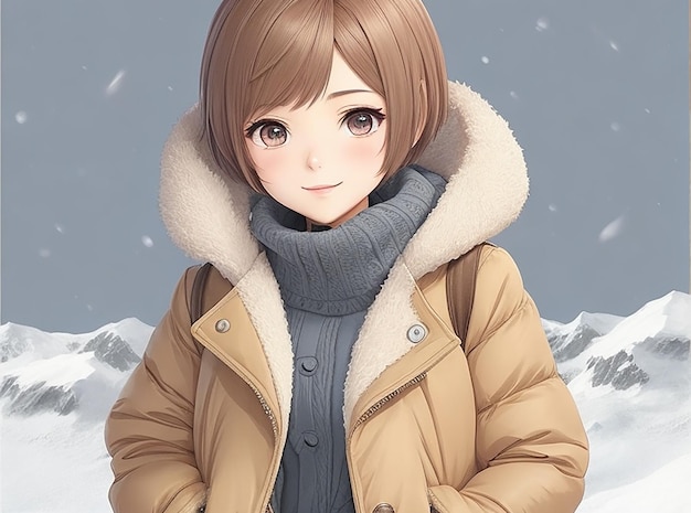 Een animemeisje met kort haar dat een cartoon van winterkleren draagt